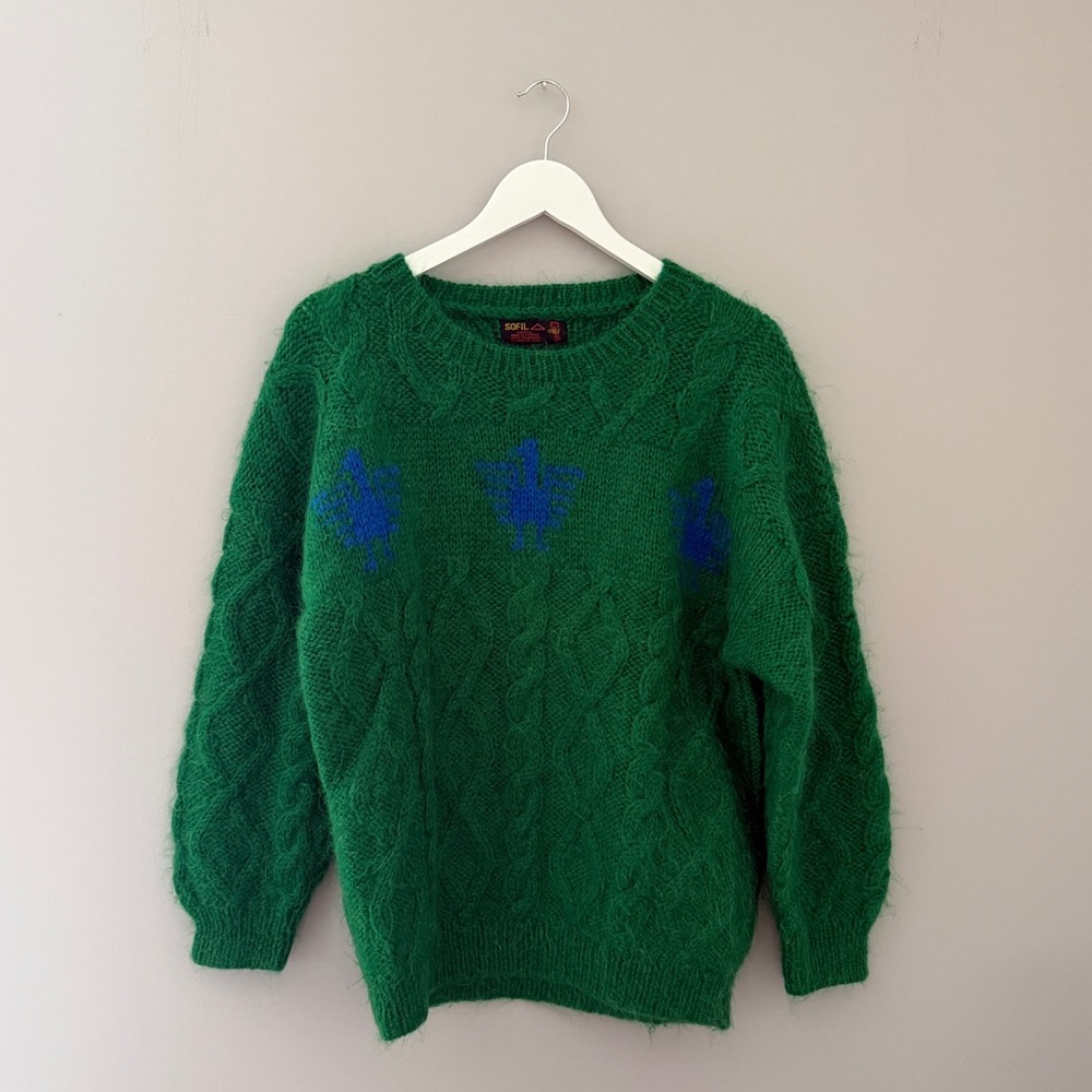 Vintage SOFILA Green Cable Knit Sweater with Blue Floral Embroidery